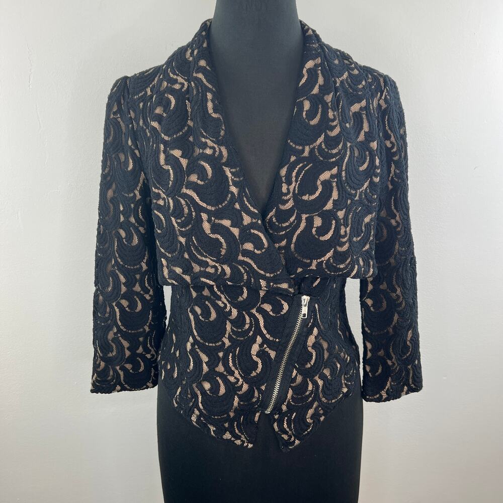 Vivienne Tam Black Tan Lace Overlay Cropped Asymmetric Evening Jacket Blazer 10